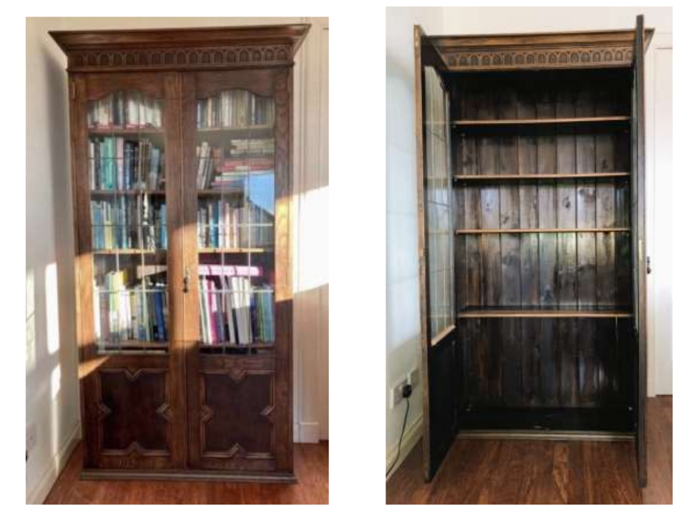 side by side pictures of a very large wooden bookcase with glass fronted doors. On the left is the empty case and on the right filled with books