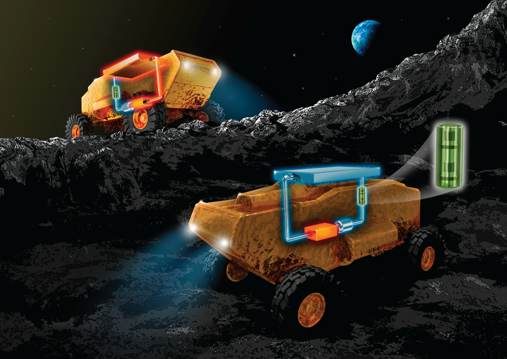 artists impression of two lunar vehicles working on the surface of the moon