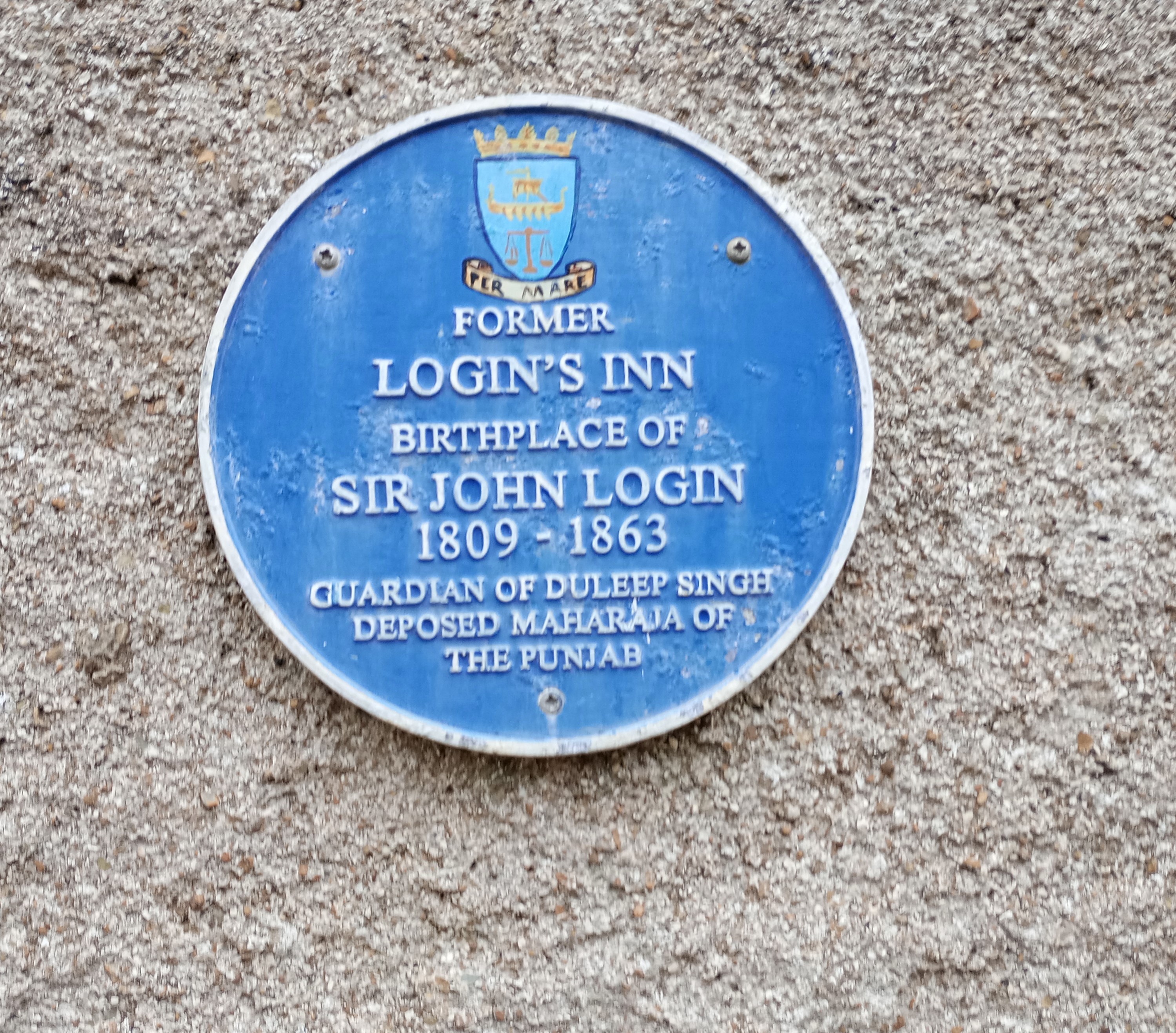 blue plaque on former Login's Inn birthplace of Sir John Login guardian of Duleep singh deposed Maharaja of The Punjab
