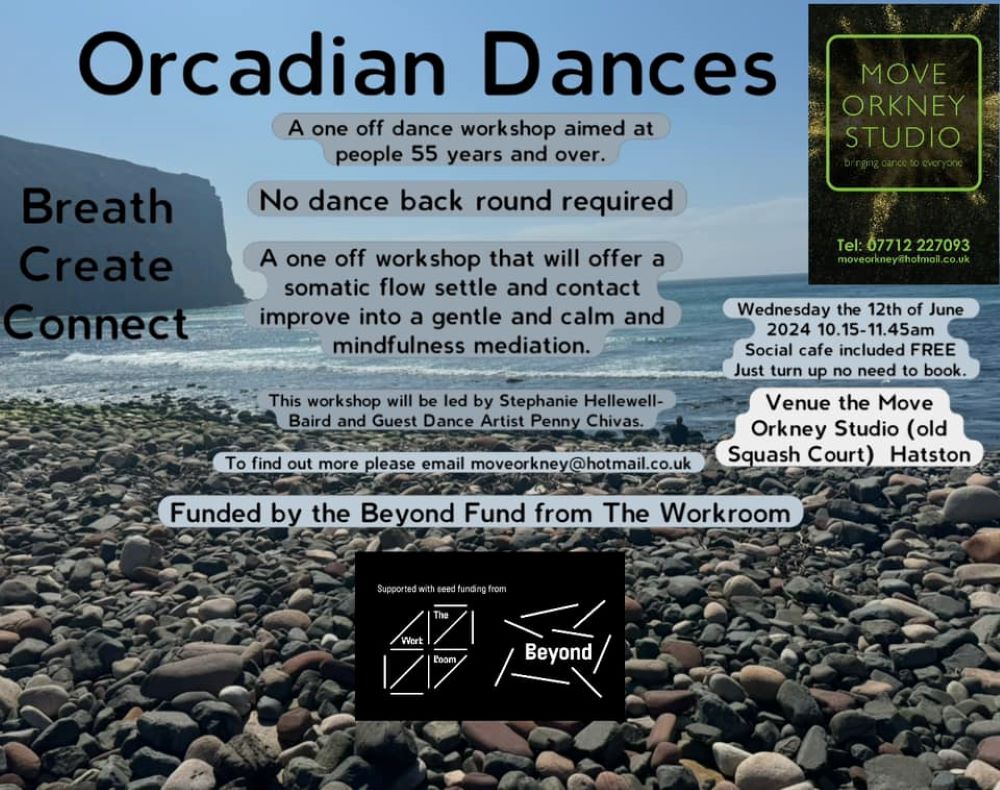 poster about Orcadian Dances with a backdrop of the shoreline at Rackwick with its rounded pebble beach