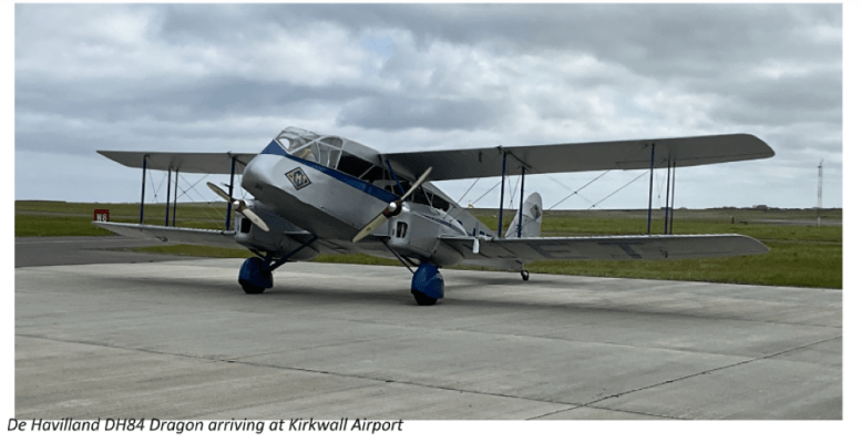De Havilland DH84 Dragon arriving at Kirkwall Airport