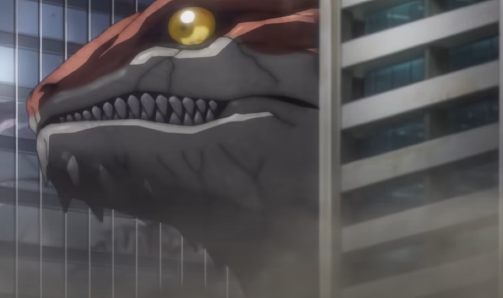 screenshot of a kaiju (monster) passing between high rise buildings