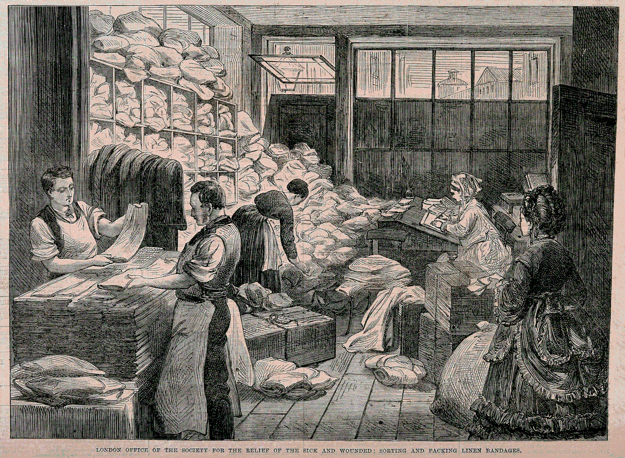 the London office of the British Red Cross in 1870. men and women in period dress packing large numbers of sheets and bandages