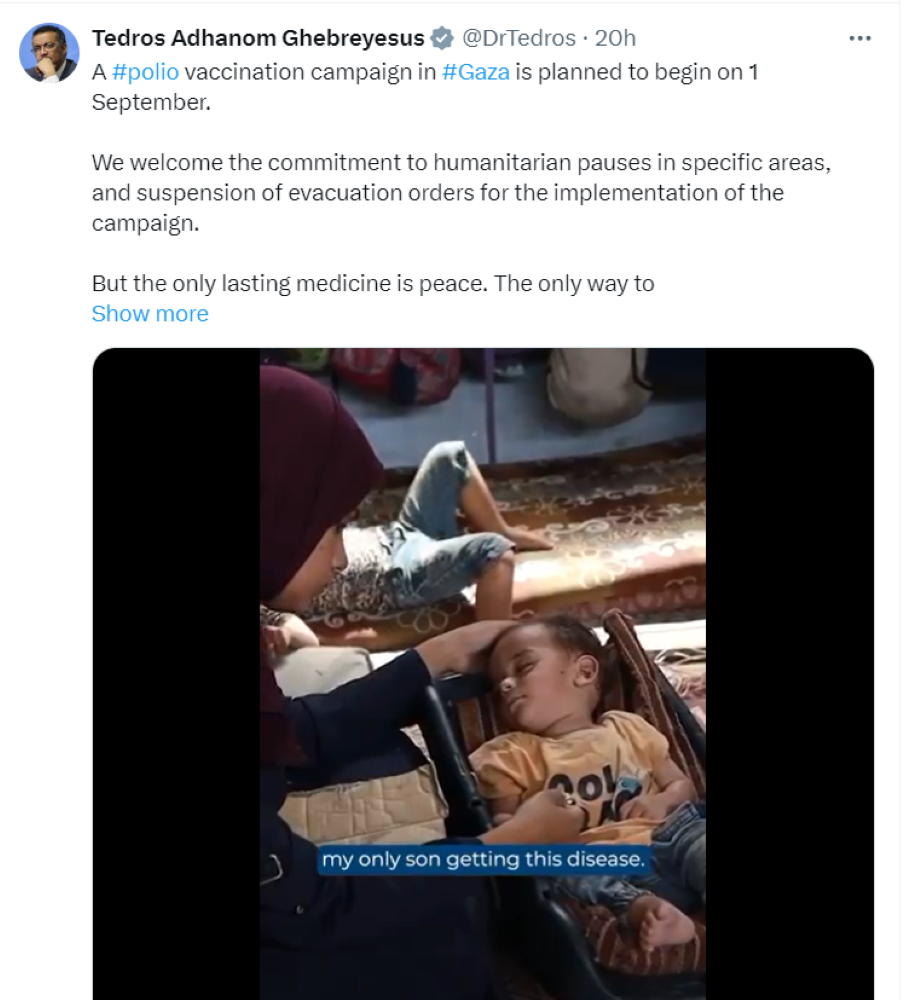 ‘The only lasting medicine is Peace’ as #Gaza Polio Vaccination Planned for 1 Sept