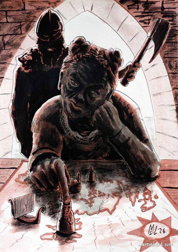 Drawing of Frakokk siting with a finger on a chess piece and moving it, behind her is a warrior with his axe raised