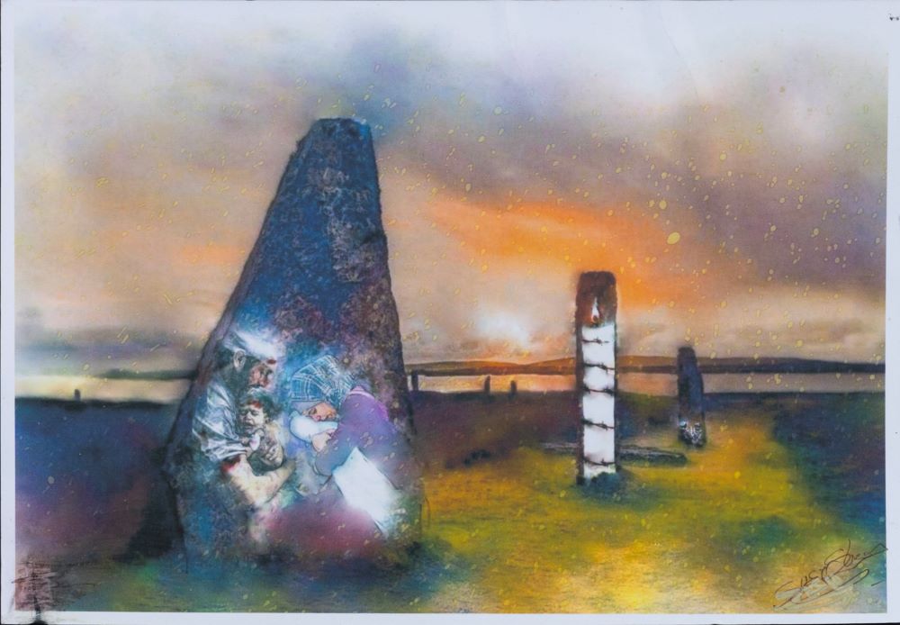 art work by Susy Shearer of the stones at the Ring of Brodgar and superimposed on them images of people holding their children and the amnesty candle wrapped in barbed wire