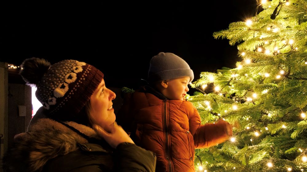 A smiling woman holds her young son up to see the lights on the Christmas tree