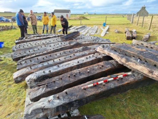 the timbers rescued from the Sanday shipwreck laid out on the grass with a group or researchers standing discussing them