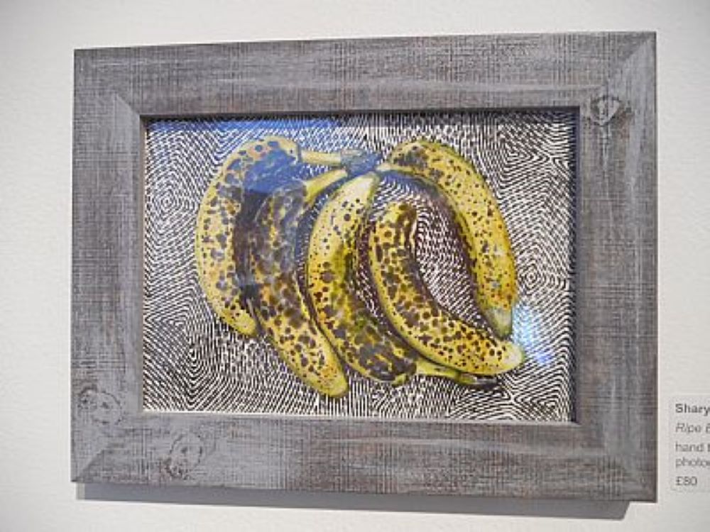 a group of 5 spotted ripe bananas in a picture frame