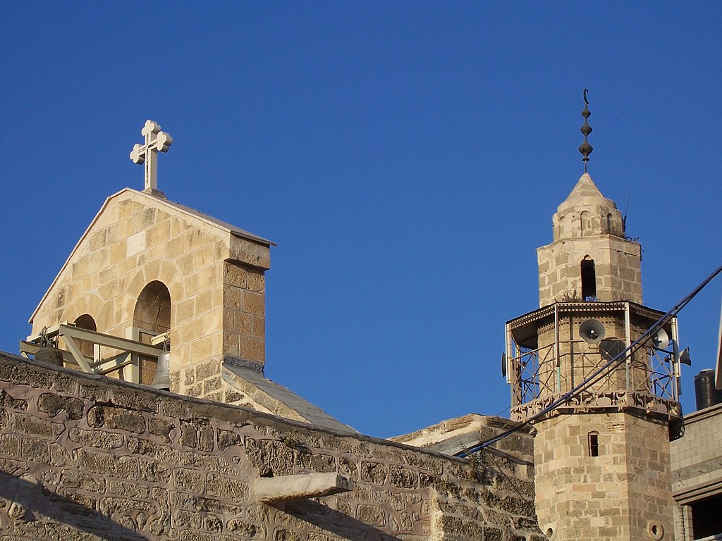 Outside of the Church of Saint Porphyrius with a Christian cross on its roof