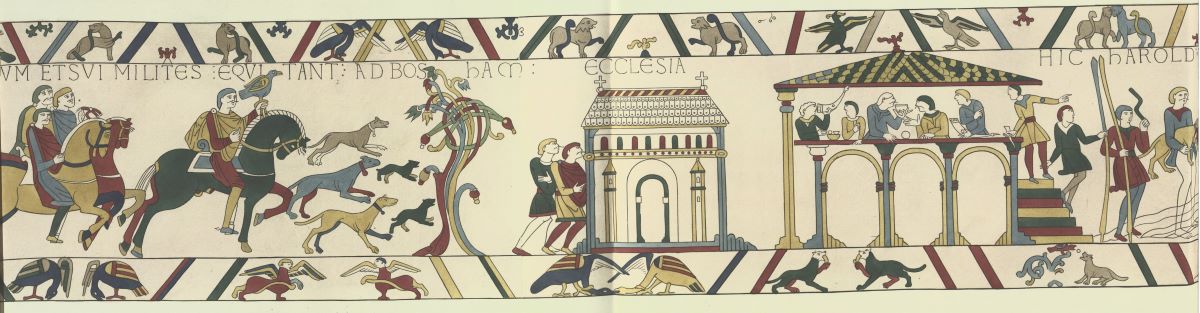The Bayeux Tapestry, showing King Harold riding to Bosham, where he attends church and feasts in a hall, before departing for France. © The Society of Antiquaries of London.