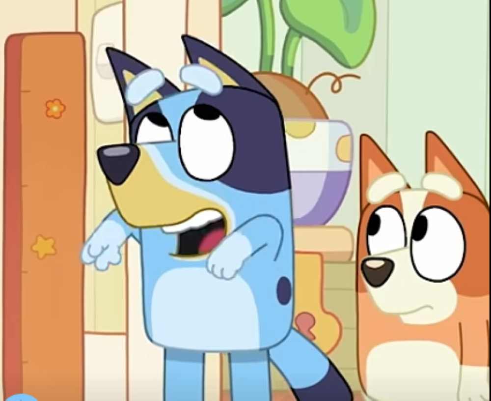 Screen grab from Bluey with the two leading characters Bluey and Bingo
