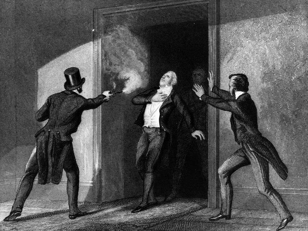 an illustration from the time of one man shooting Spencer Perceval and another coming forward to try and stop it