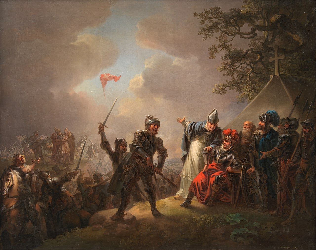 .at left in the background archbishop Anders Sunesen with raised hands, and in the foreground Roskilde-bishop Peder Jacobsen pointing at Dannebrog while informing king Valdemar II of Denmark