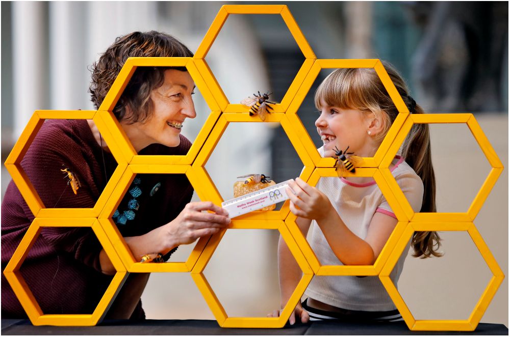 a woman and a child hold a ruler in front of large hexagons similar to a beehive with a tiny bee