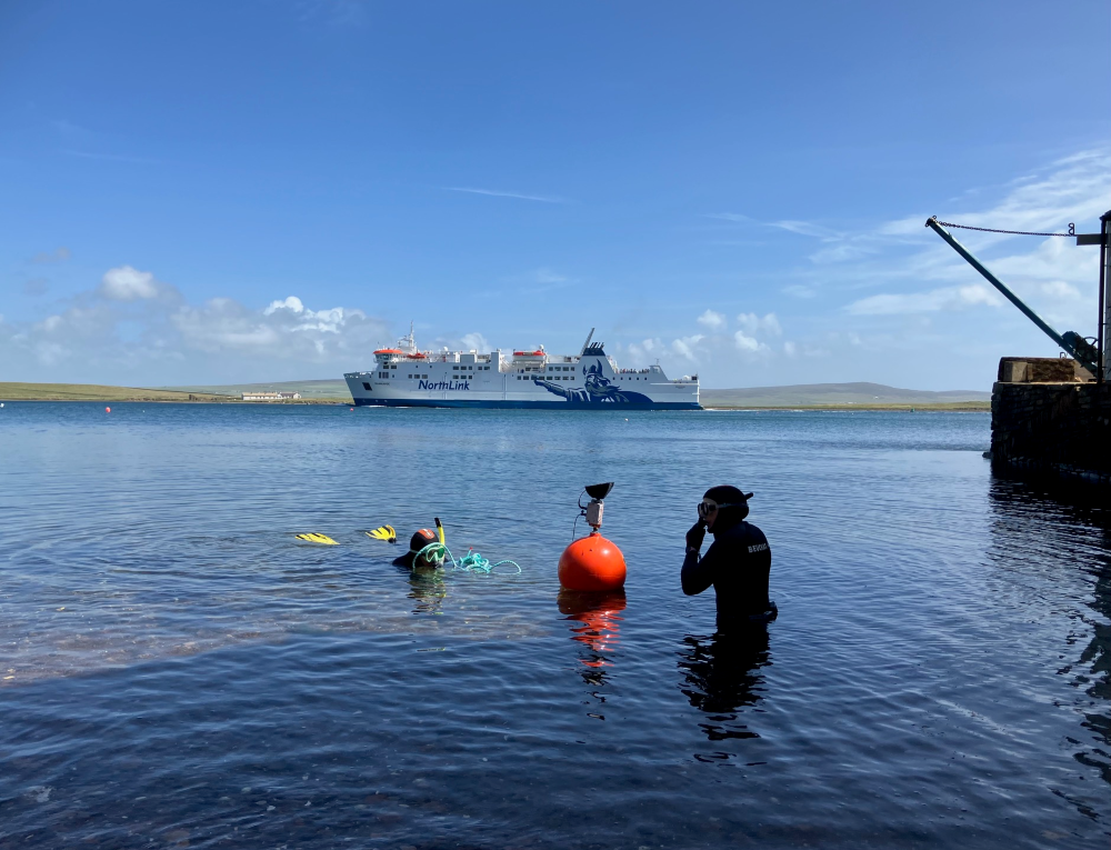 the northlink ferry passes as a snorkel swimmer stands by the buoy