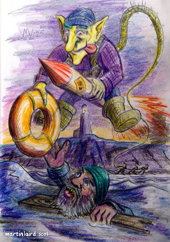 an illustration by Martin Laird, a trowie sits astride a rocket fired from shore to rescue a drowning seaman