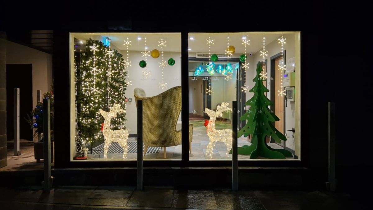 Hotel reception seen from outside with Christmas tree, and 2 reindeer all lit up for the night