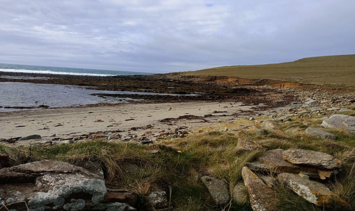 the curve of Marwick Bay with sand and the edge of the land jutting out