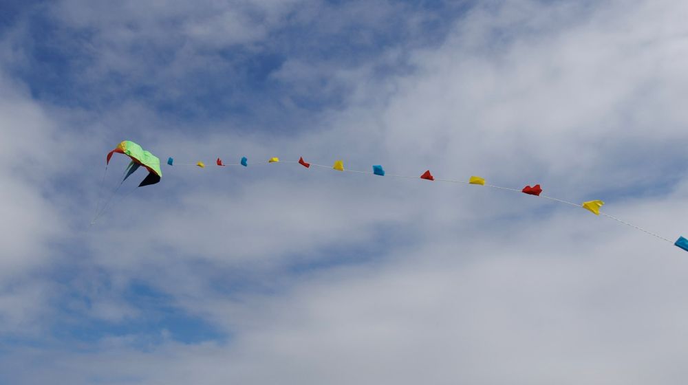 a large kite with a string of tales